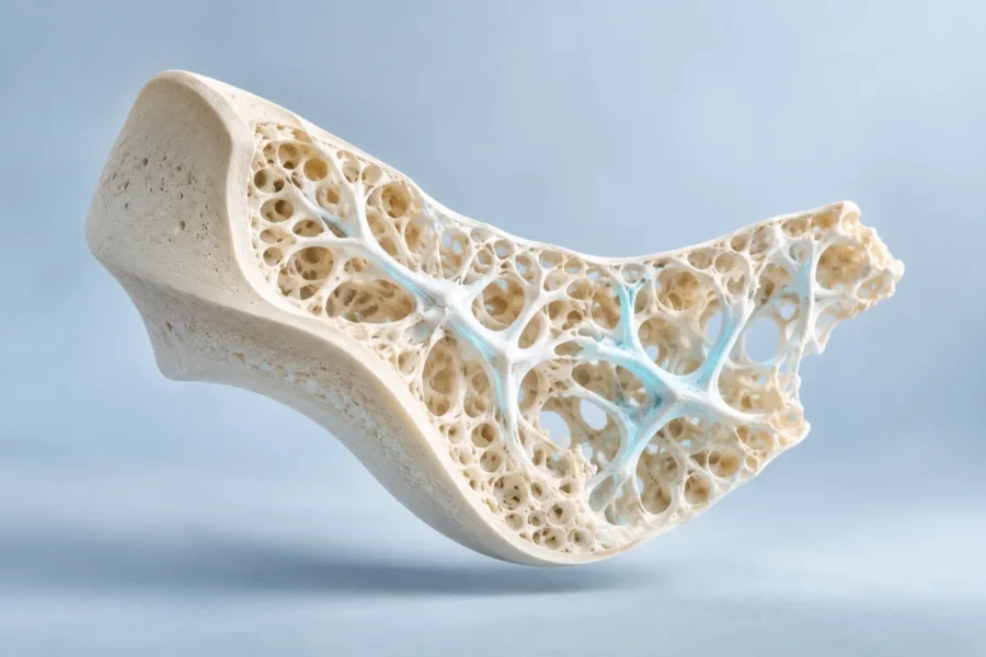 Conceptual ivory bone-like cutaway revealing a porous internal lattice against a pale blue-grey background.